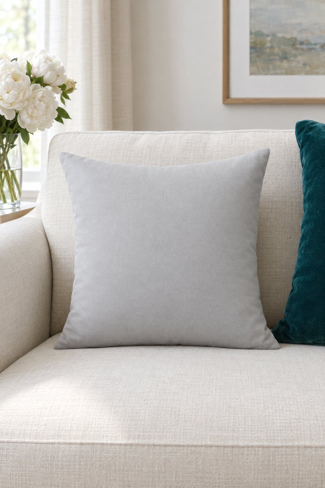A throw pillow printed with a purple-and-gold laurel crest, on an ivory linen chair beside a teal velvet cushion