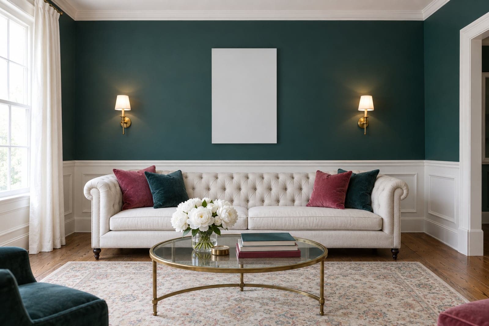 A crest print hanging on the teal wall of a chapter room, above an ivory tufted sofa between two brass sconces