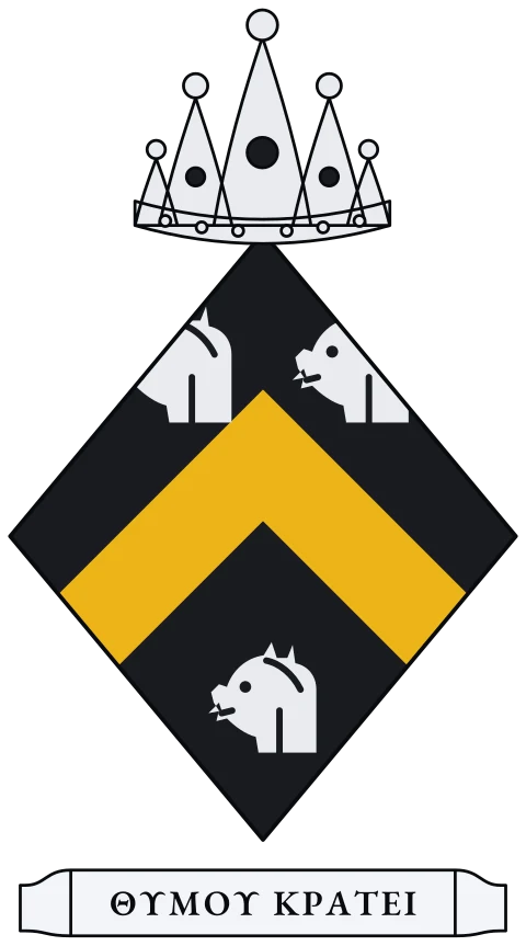 A black shield with a gold chevron between three silver boars' heads, cut clean at the neck. Motto: ΘΥΜΟΥ ΚΡΑΤΕΙ.
