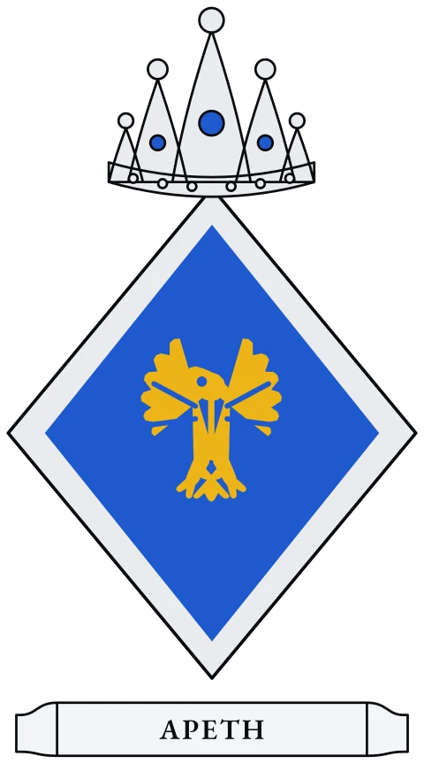 A blue shield with a gold eagle with wings spread, within a silver border. Motto: ΑΡΕΤΗ.