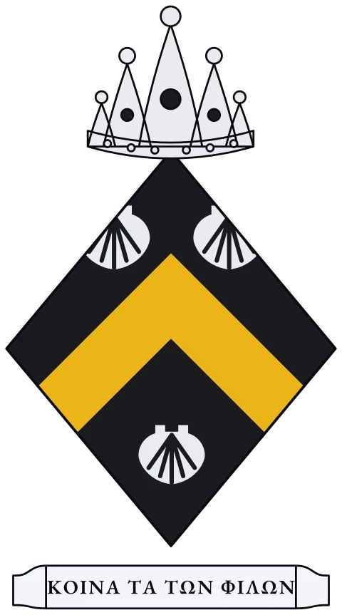 A black shield with a gold chevron between three silver scallop shells. Motto: ΚΟΙΝΑ ΤΑ ΤΩΝ ΦΙΛΩΝ.