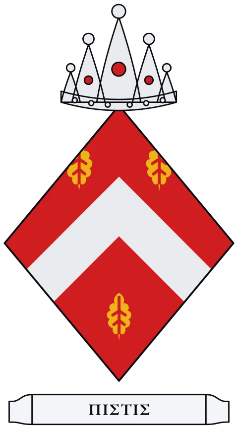 A red shield with a silver chevron between three gold oak leaves. Motto: ΠΙΣΤΙΣ.