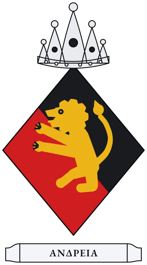 A shield split diagonally from the top left, black and red, with a gold lion standing upright. Motto: ΑΝΔΡΕΙΑ.
