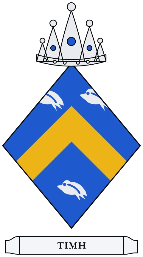 A blue shield with a gold chevron between three silver martlets, swallows without feet. Motto: ΤΙΜΗ.