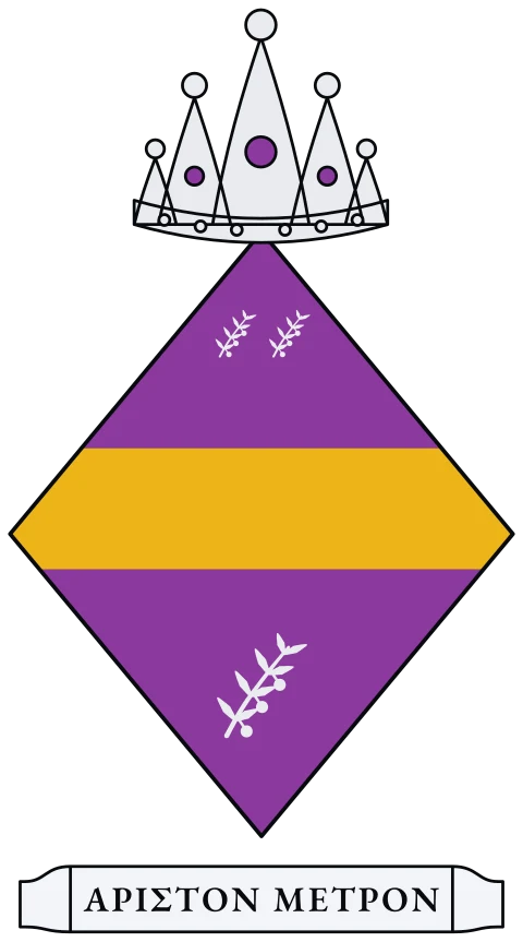 A purple shield with a gold fess between three silver olive branches. Motto: ΑΡΙΣΤΟΝ ΜΕΤΡΟΝ.