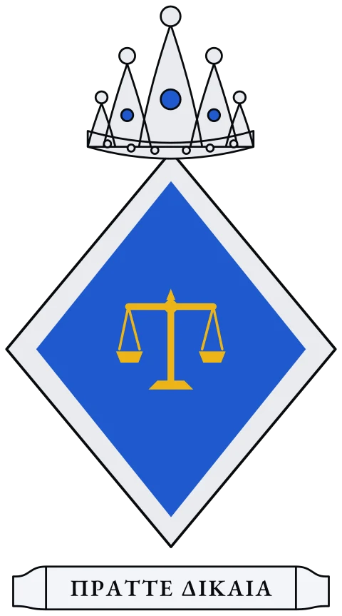 A blue shield with a gold pair of scales, within a silver border. Motto: ΠΡΑΤΤΕ ΔΙΚΑΙΑ.