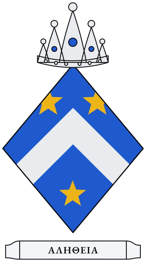 A blue shield with a silver chevron between three gold stars. Motto: ΑΛΗΘΕΙΑ.