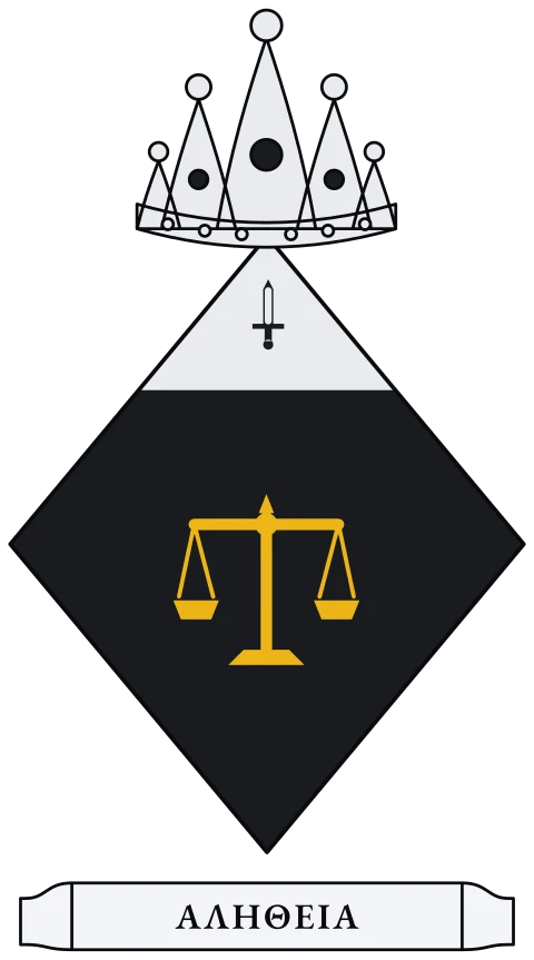 A black shield with a gold pair of scales and a silver band across the top carrying a black sword. Motto: ΑΛΗΘΕΙΑ.