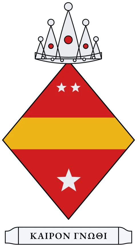 A red shield with a gold fess between three silver stars. Motto: ΚΑΙΡΟΝ ΓΝΩΘΙ.